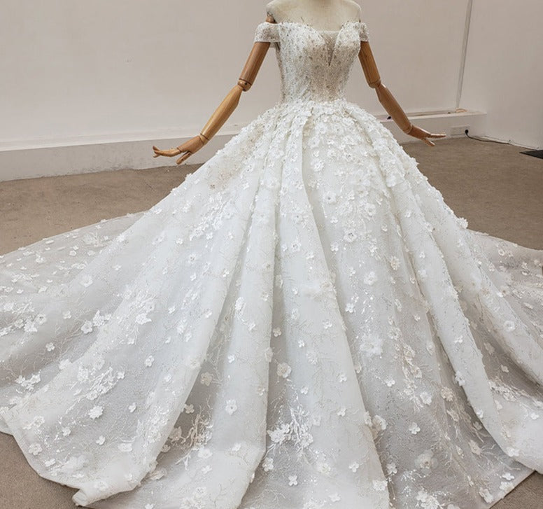 Off Shoulder 3D Flower Lace Beading Luxury Wedding Dress Ball Gown