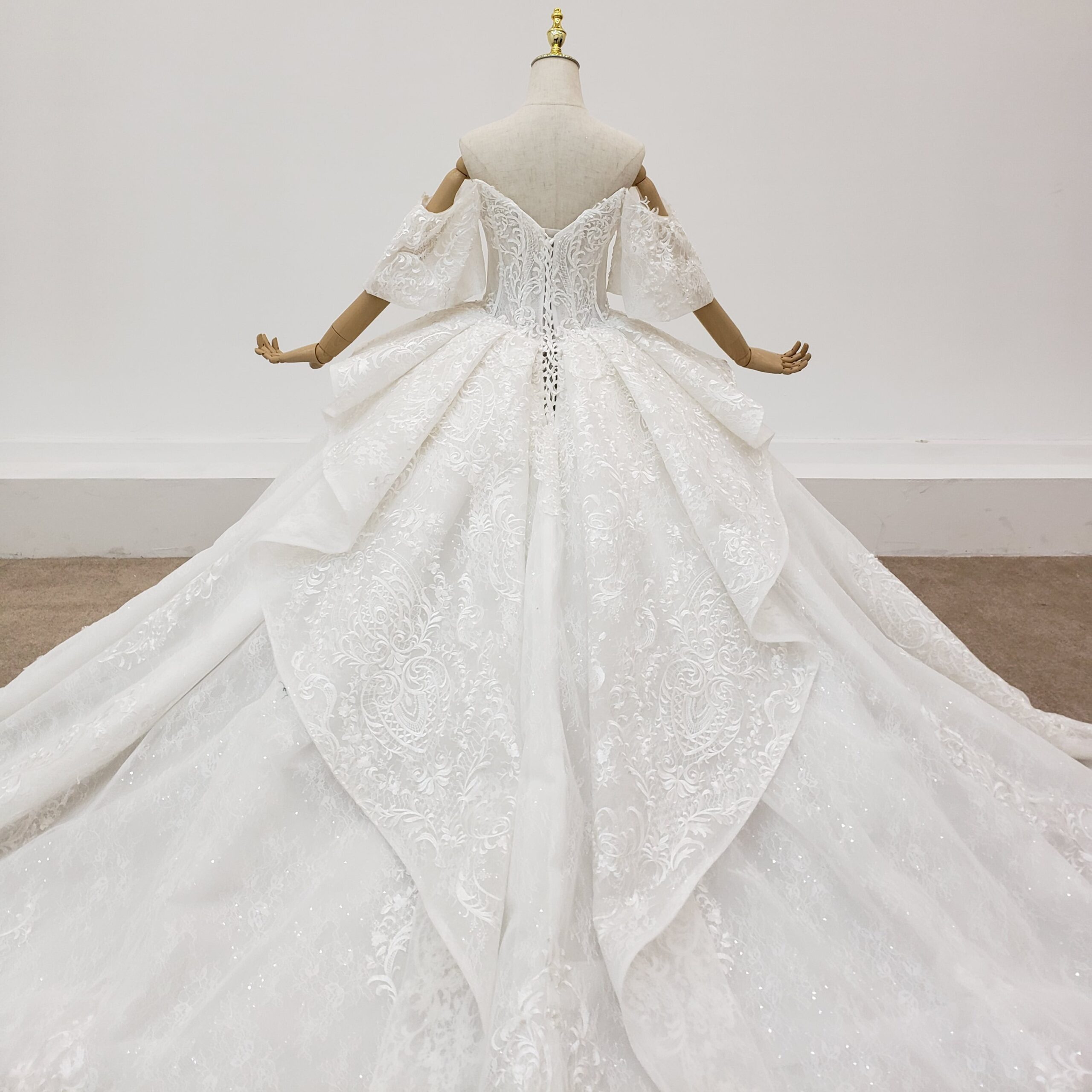 Beaded Sweetheart Lace Applique Luxury Long Train Wedding Dress - Image 5