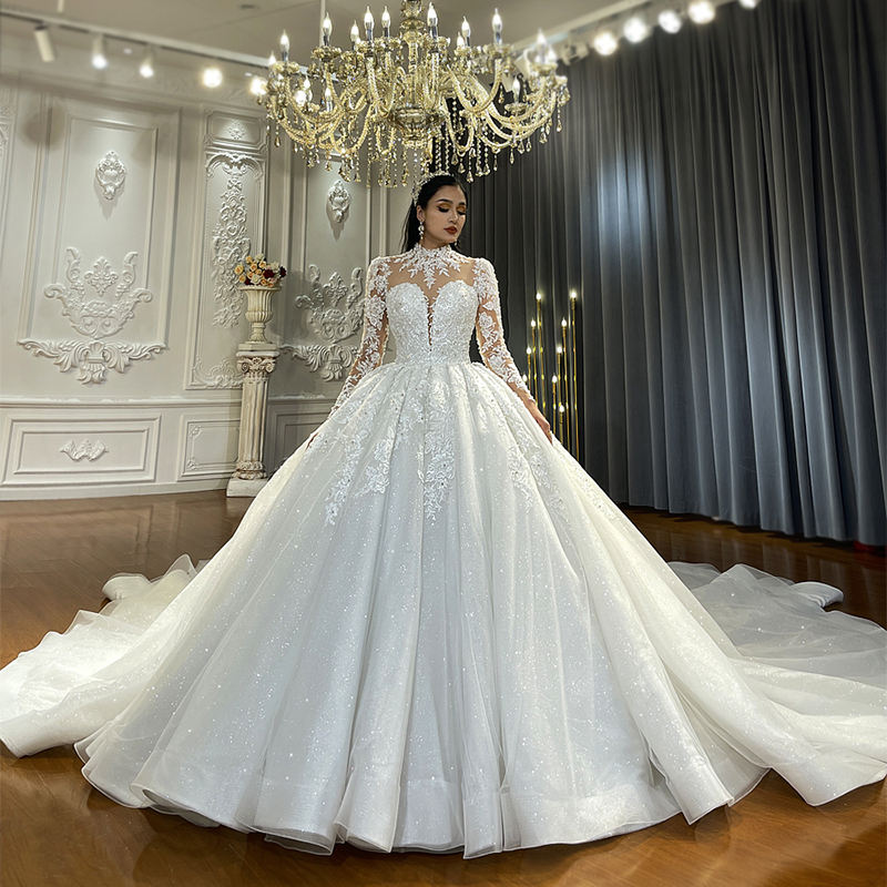 Illusion Beautiful Luxury Ball Gown High Neck Bridal Wedding Dresses