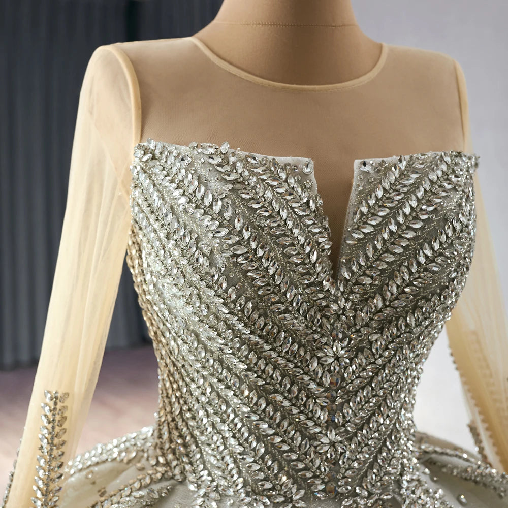Vintage Rhinestone Long Sleeve Ball Gown Bride Wedding Dresses - Image 3