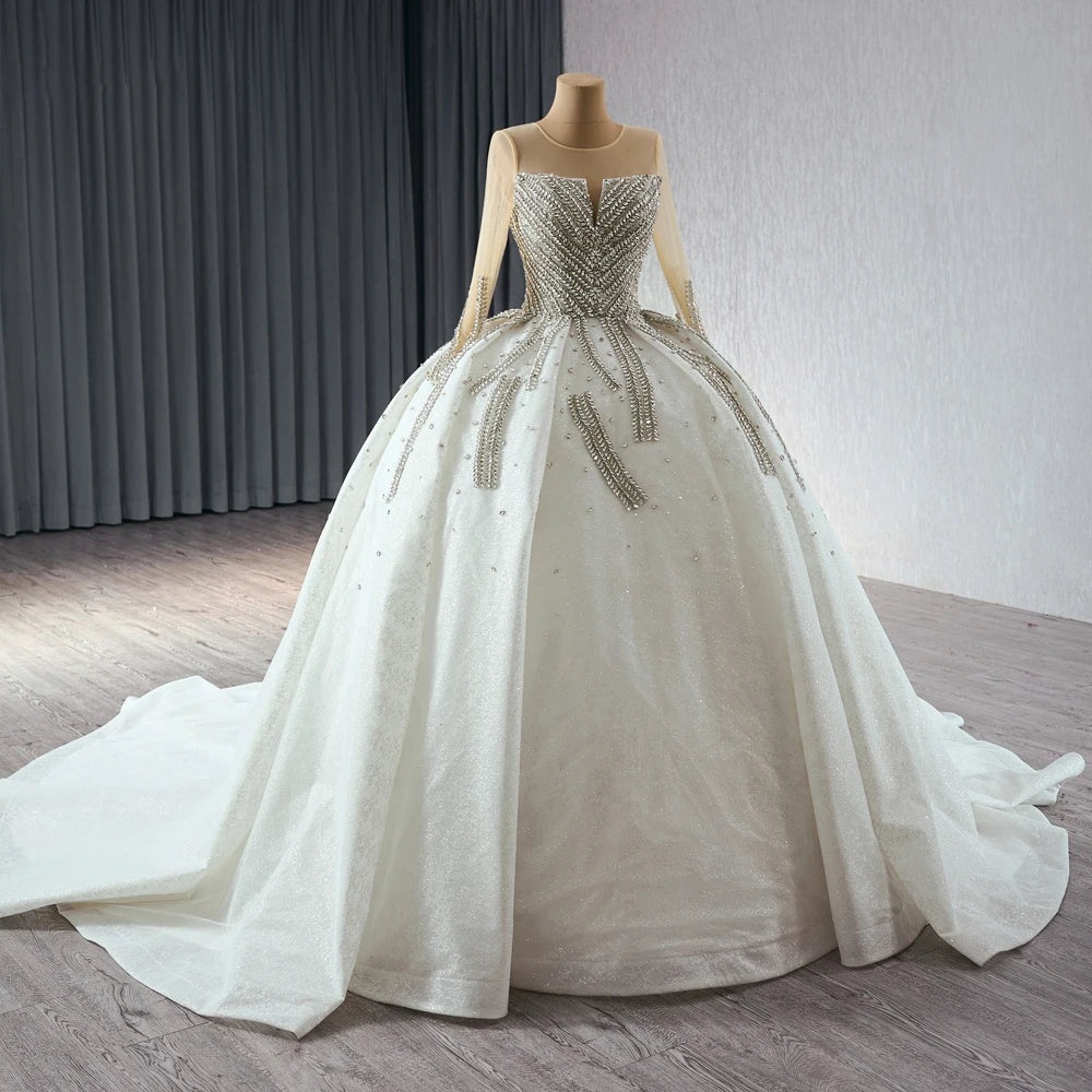Vintage Rhinestone Long Sleeve Ball Gown Bride Wedding Dresses - Image 4