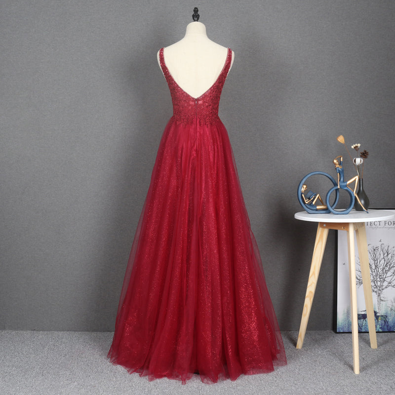 Deep V Neck Beading Sequin Lace Prom Dresses Evening Gowns - Image 7