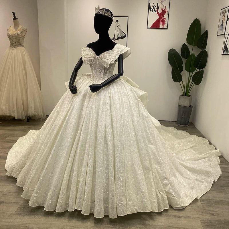 Ivory Glitter Shiny Prom Off Shoulder Wedding Dresses Ball Gown