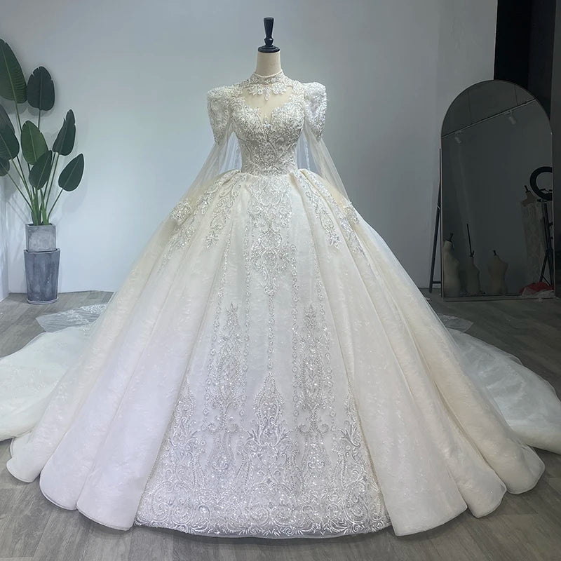 Heavy-Duty Luxury Wedding Shawl Yarn Shiny Puff Shoulder Long-Sleeved Ball Gown French Wedding Dress