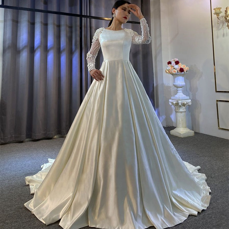 Custom Wedding Bridal Dress White Long Sleeve Lace Satin Simple