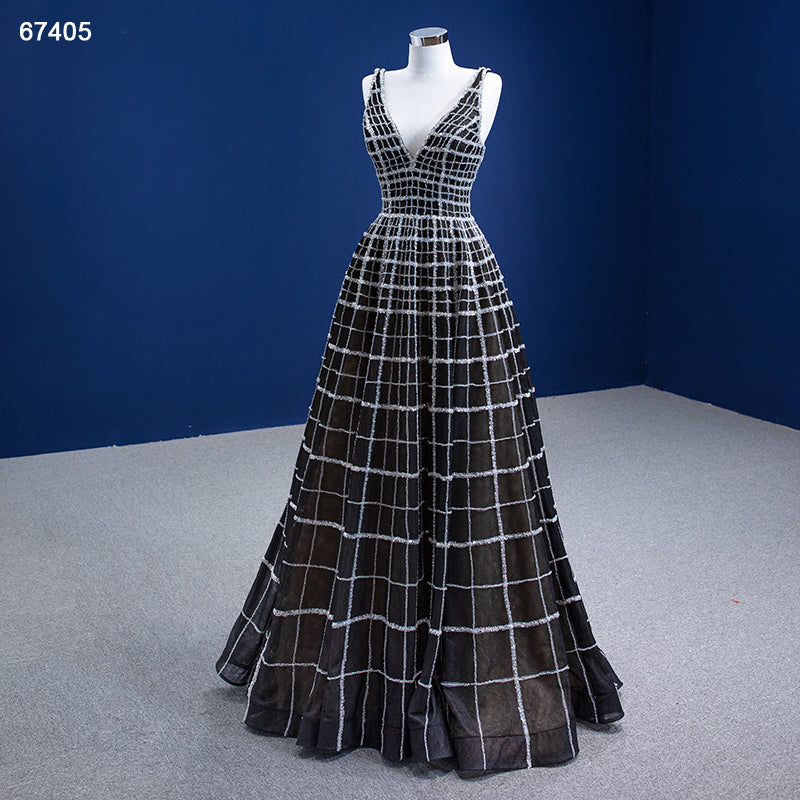 New Luxury And Elegant Black Pearl Shiny Tulle V-Neck Prom Evening Dress