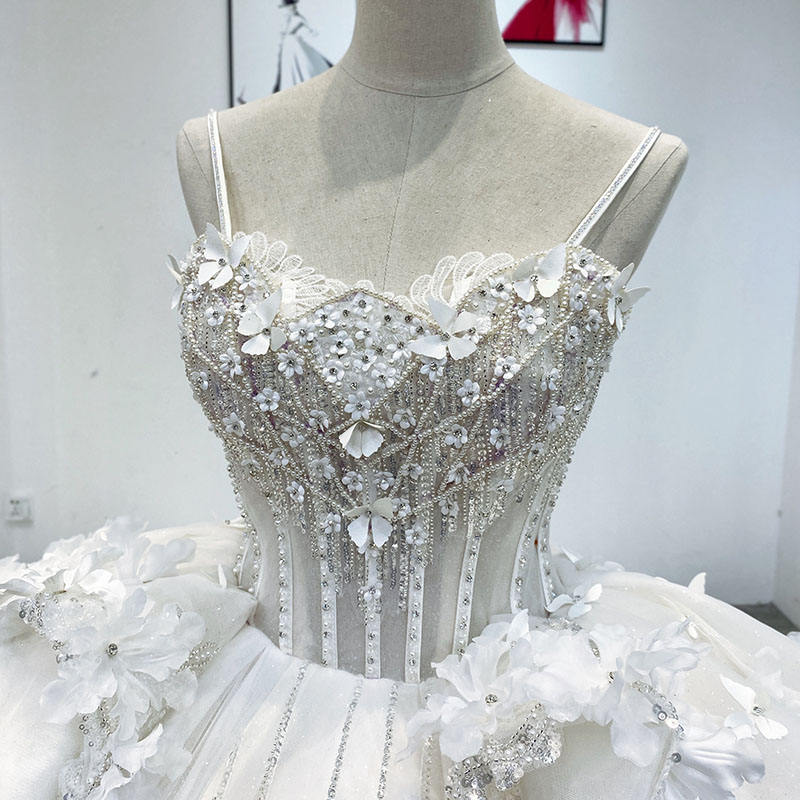 Modest Flower Spaghetti Strap Sequins Bridal Ball Gown Wedding Dress - Image 3