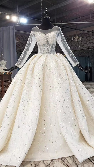 Elegant Long Sleeve Beading Crystal Ball Gown Luxury Wedding Dress - Image 2