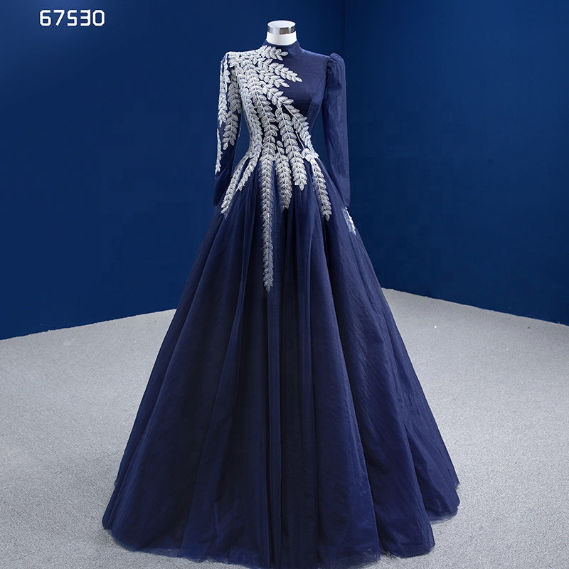 Latest Design High Quality Lace Feather Embroidered Long Sleeve Turtleneck Vintage Evening Dress - Image 2