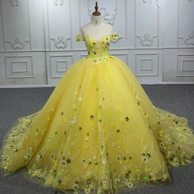 Yellow Floral Sequins Off Shoulder Lace Evening Party Dresses