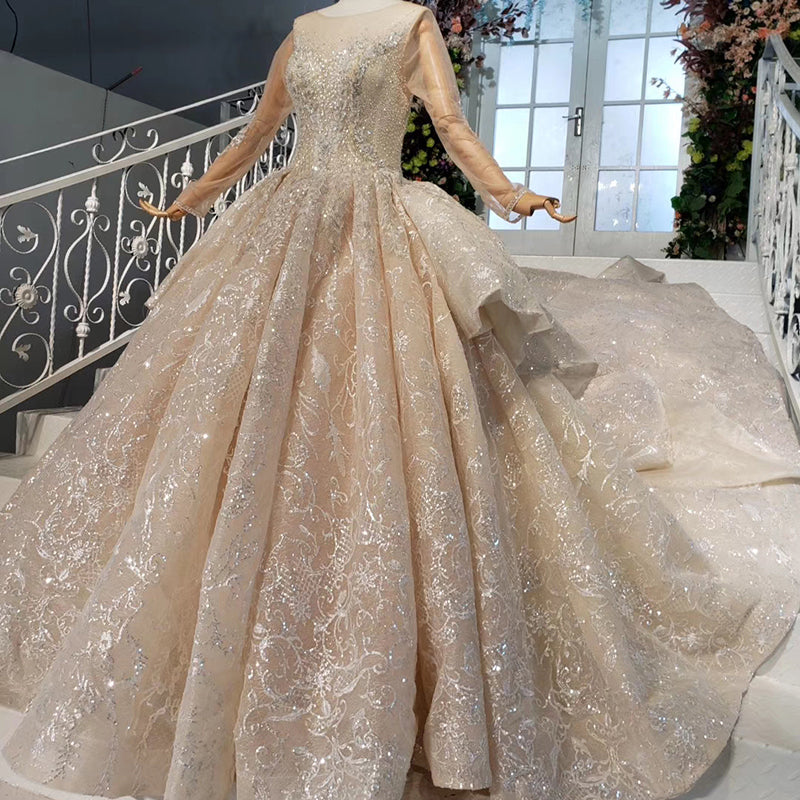real luxury long sleeves bride dress romantic wedding dress