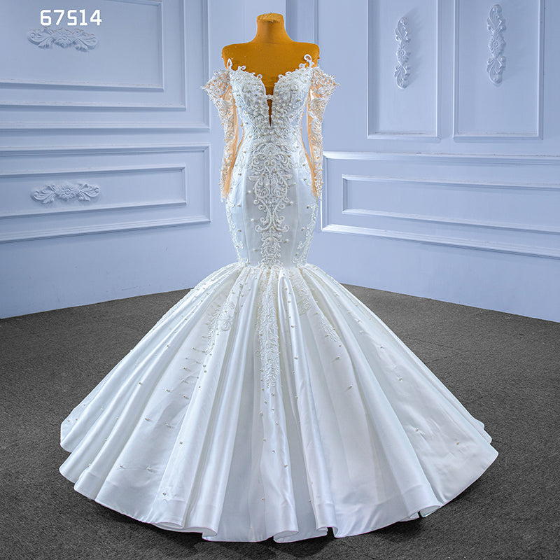 2022 Luxury Newest Design Tube Top Long Sleeve Satin Vintage Beaded Mermaid Bridal Wedding Dress - Image 4