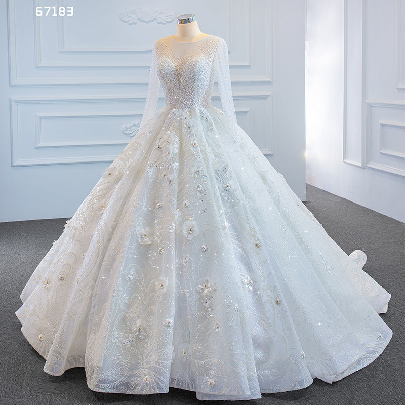 Ladies Luxury Real Heavy Beading 3D Flower Ball Gown Wedding Dress