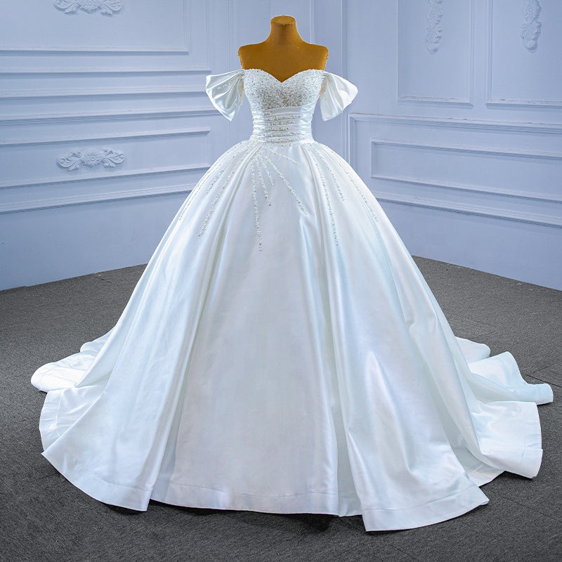 bridal temperament luxury one-shoulder trailing pearl dreamy white wedding dress
