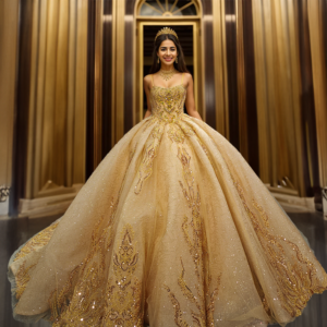 Golden Shiny Luxury Glitter Evening Dress Wedding Gown For Bride Dress