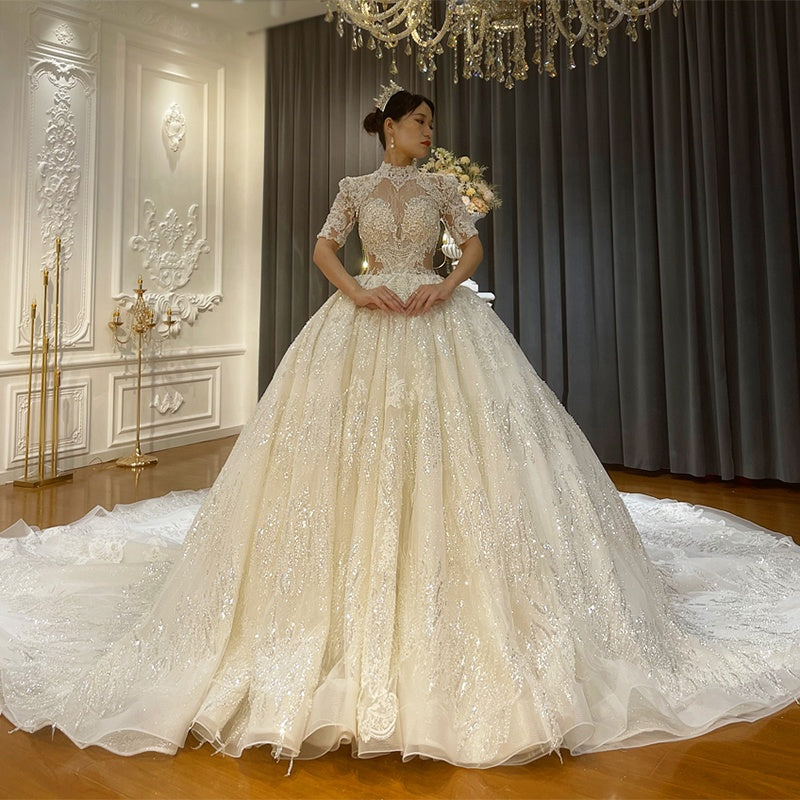 2022 Wedding Dress Fabric Turtleneck Lace Embroidered Luxury Wedding Dresses For Brides