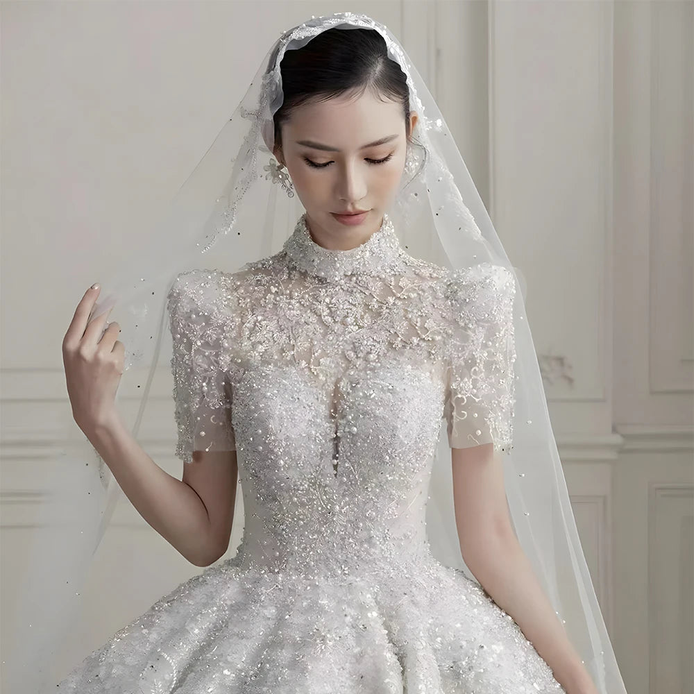 Pearls Wedding Dresses Beadings Puff Sleeve Tulle Lace Long Train Ball Bridal Gowns - Image 3