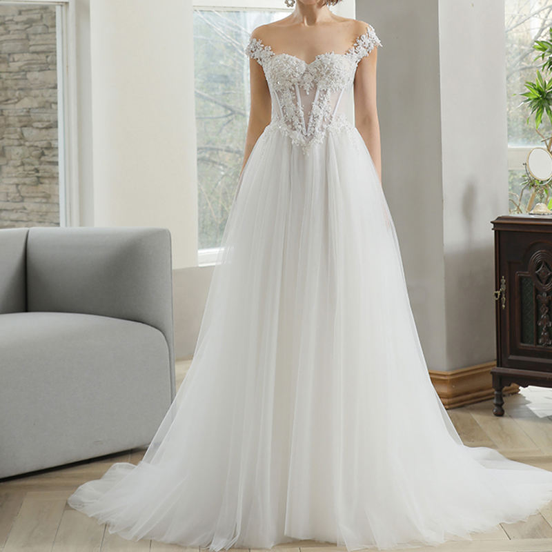 New Arrival Hot Selling Illusion Fashion Best Quality A-Line Lace Dress For Wedding