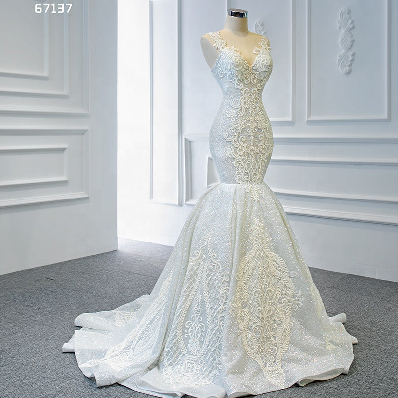 Mermaid Lace Applique Ivory Wedding Dress Bridal Dresses - Image 4
