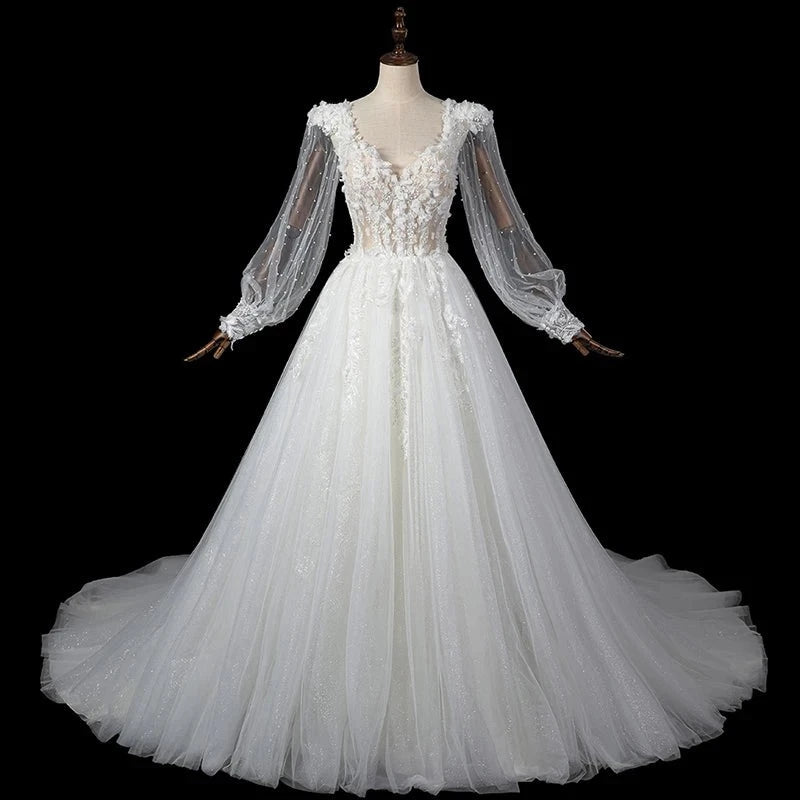 Custom-Made 3D Floral Embroidered With Beading Puffy V Neck Sparkling A-Line Wedding Dress