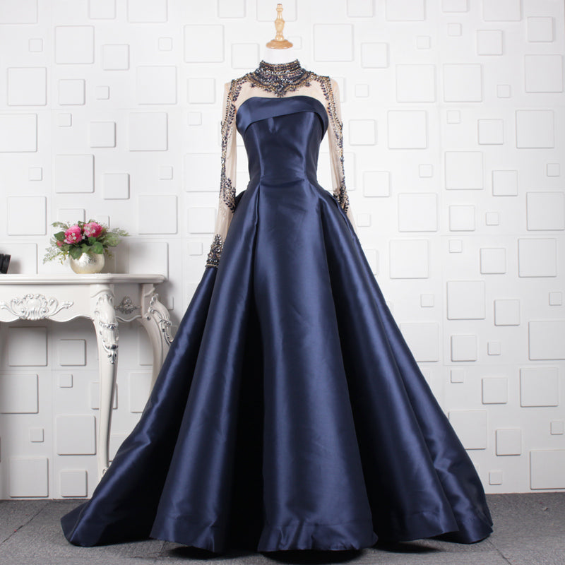 high neck beaded satin navy dresses women party