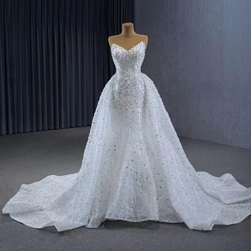 Haute Couture Luxury Pearls Detachable Mermaid Wedding Dress Overskirt V Neck Bridal Elegant Wedding Dresses