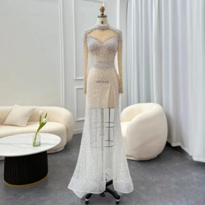 Mermaid Prom Dresses Long Luxury Pearls Slit African Evening Formal Dress Graduation Party Gown