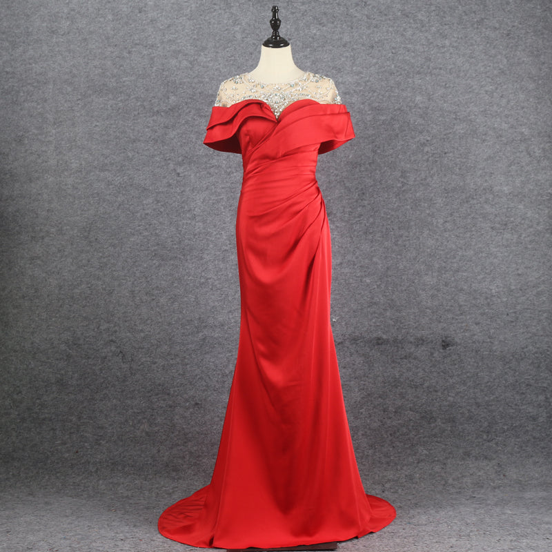 High Quality Elegant Beaded Tube Top Cross Red Mermaid Evening Dress - Image 2