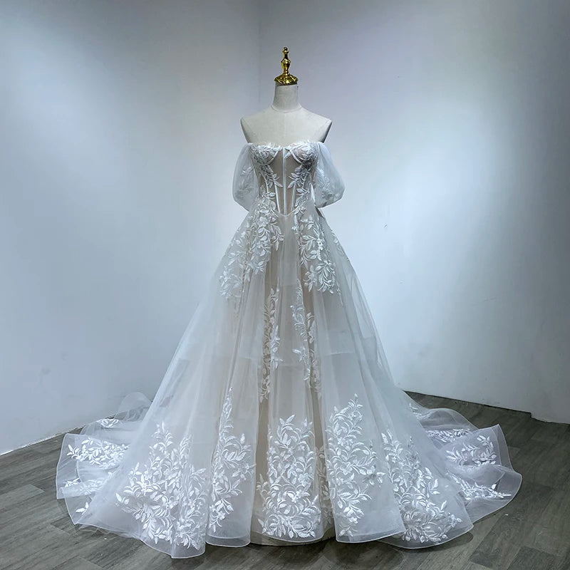 Vine Floral Appliques Puffy Princess Structured Wedding Dress Boning Sheer Corset Lace Off Shoulder Bride Gowns