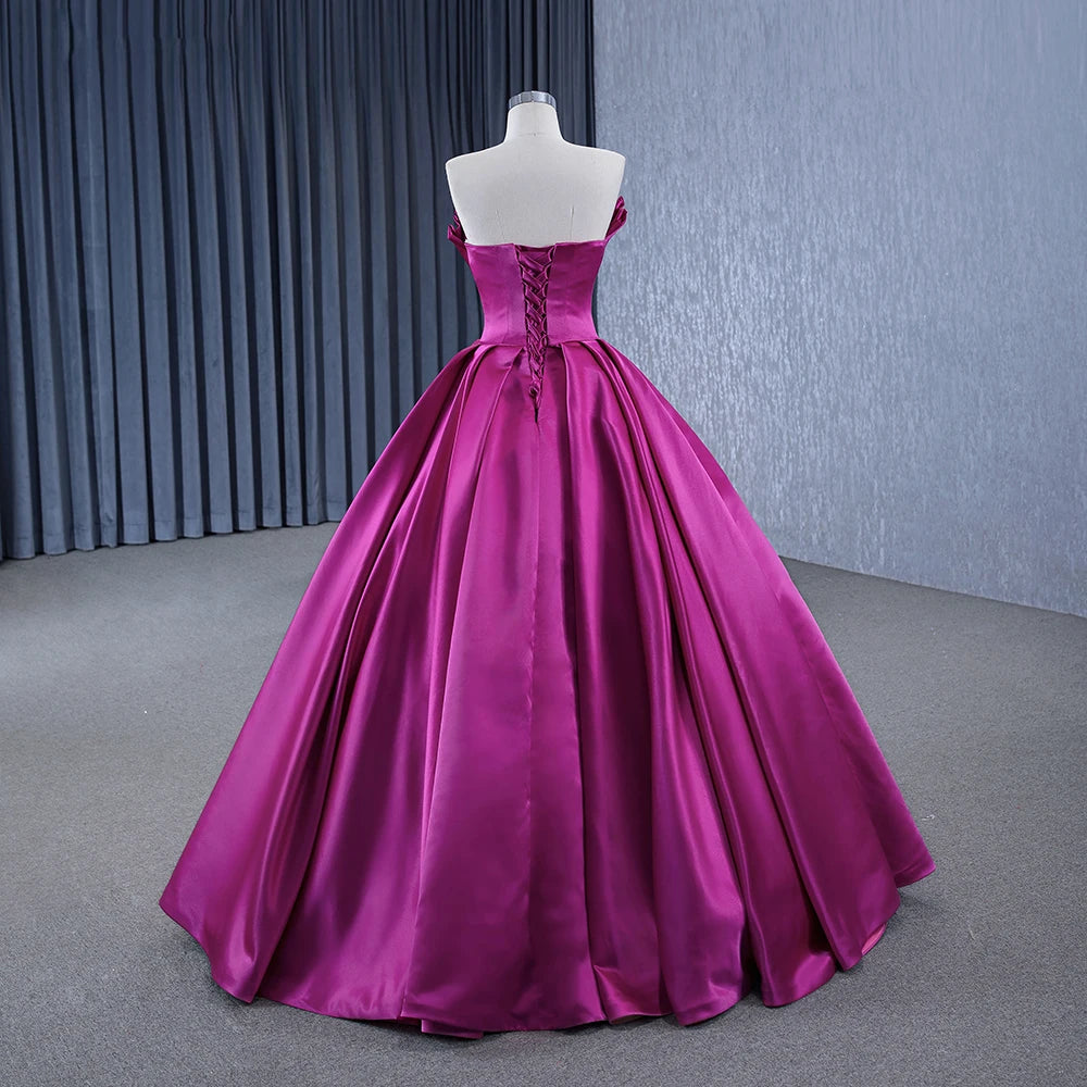 Real Pictures Fuchsia elegant Off-the-shoulder pleated satin Princess Ball Gown Sweetheart Wedding Dresses - Image 3