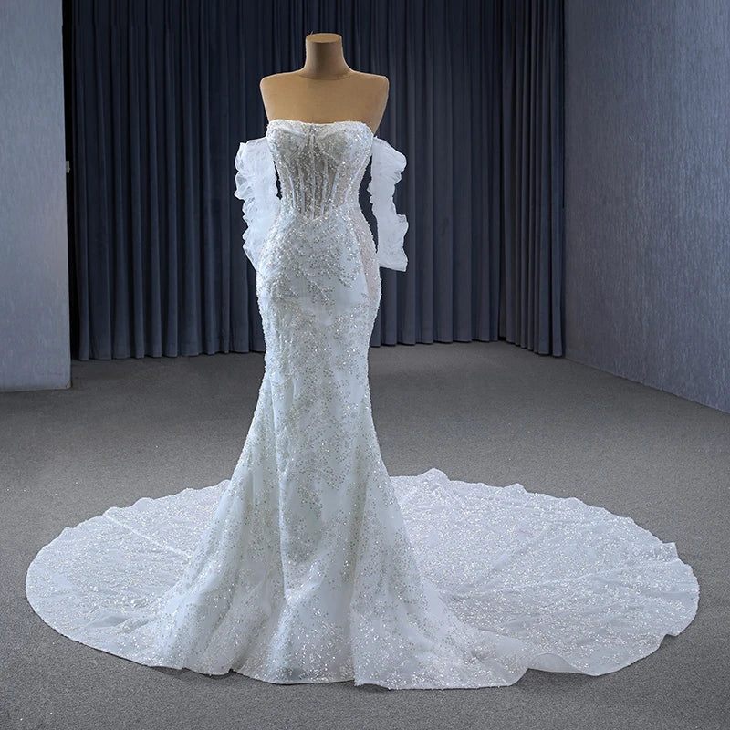 Luxury Wedding Dresses Sweetheart Detachable Long Sleeve Pearls Sequined Mermaid - Image 6