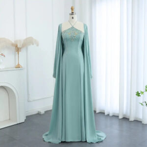 Sage Green Halter Evening Dresses with Cape Luxury Women Wedding Party Gowns