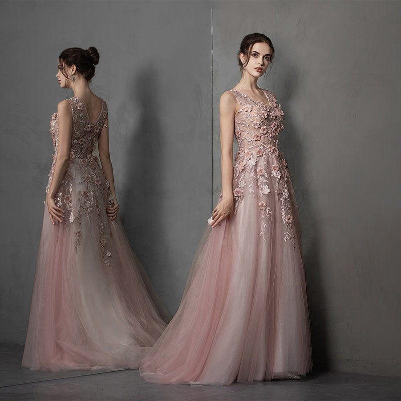 Plain Evening Dress Elegant Pink Lace 3D Embroidered Prom Dress Evening Dress Party