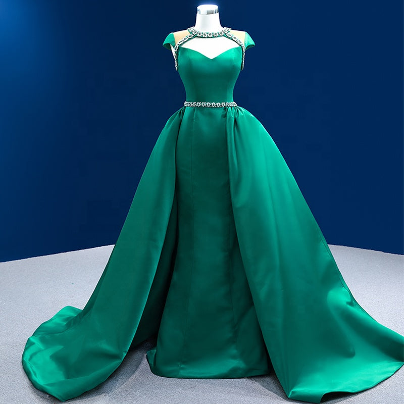 Green Satin Mermaid Prom Evening Dresses With Detachable Train