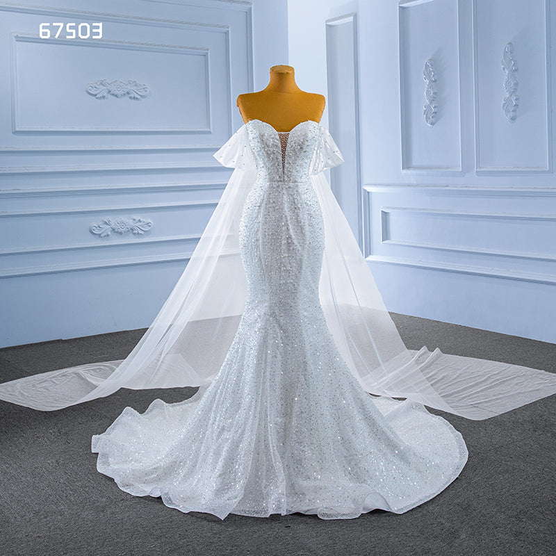 Customized Women'S White Bride Wedding Dress Sweet Tube Top Pearl Luxury Mermaid Dress - Image 3
