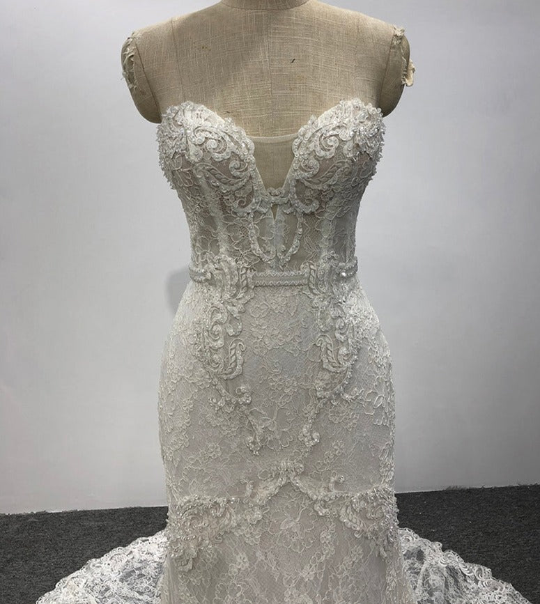 Ladies Luxury Tube Top Diamond Embroidered Lace Bridal Wedding Dress - Image 6