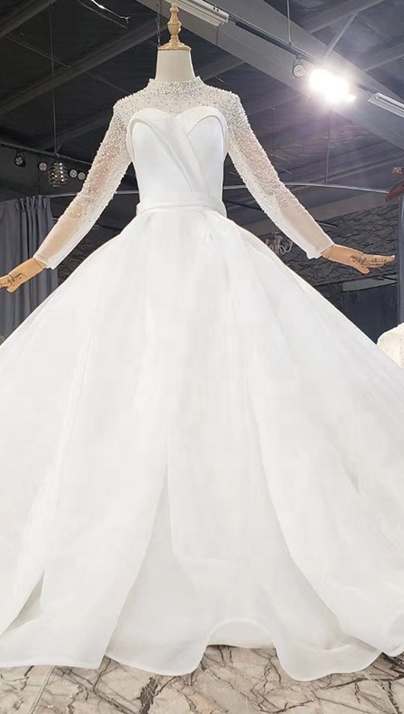 High Neck Long Sleeve Luxury Beading Crystal Wedding Dress - Image 2