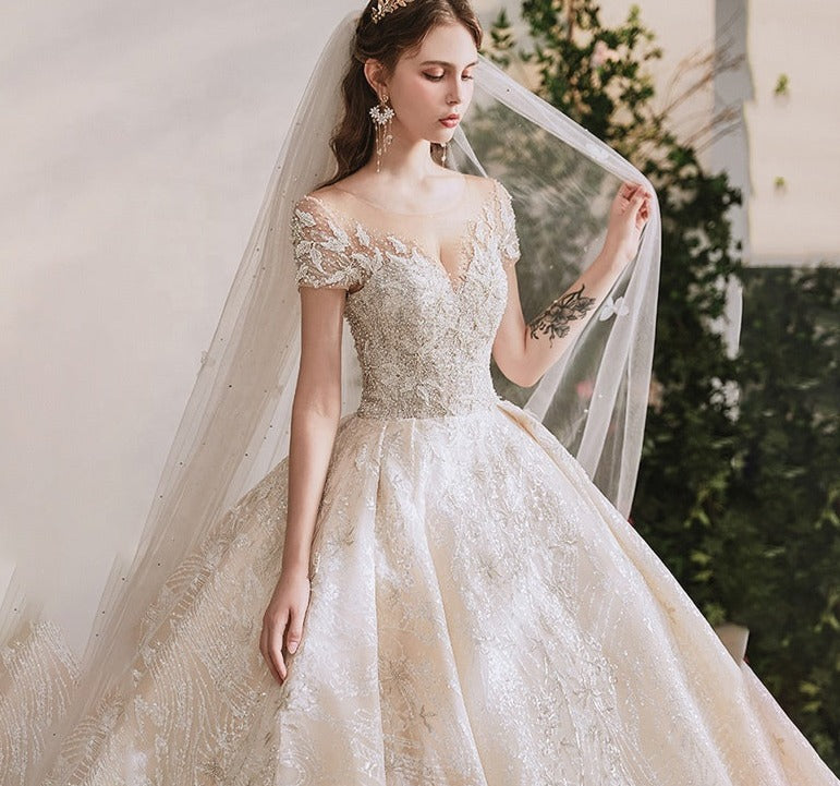 Lace Beading Sequin Short Sleeve High Quality Wedding Dress Bridal Gown