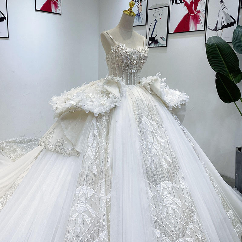 Modest Flower Spaghetti Strap Sequins Bridal Ball Gown Wedding Dress - Image 2