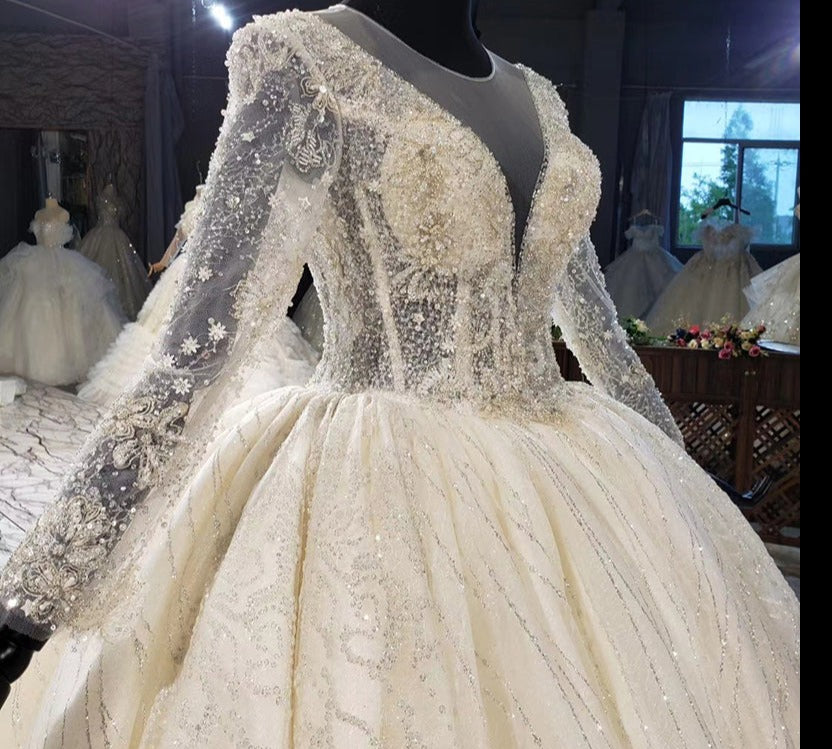 High Quality Luxury Long Sleeve Beading Bride Wedding Dress - Image 7