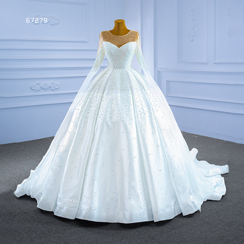 Elegant And Simple Pearl Section Long-Sleeved Lace Tail Wedding Dress