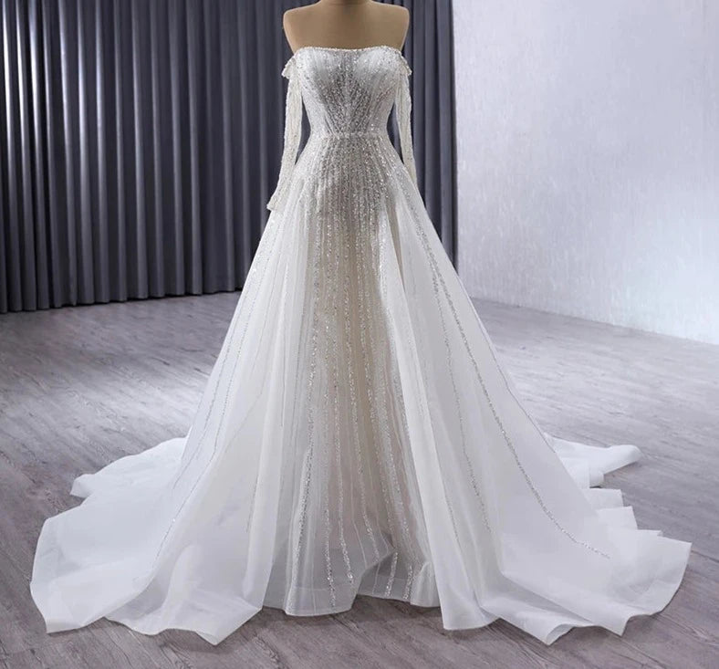 Sparkly Modern Wedding Dresses Shiny A-Line Square Collar Detachable Shawl Sexy Bridal Gowns