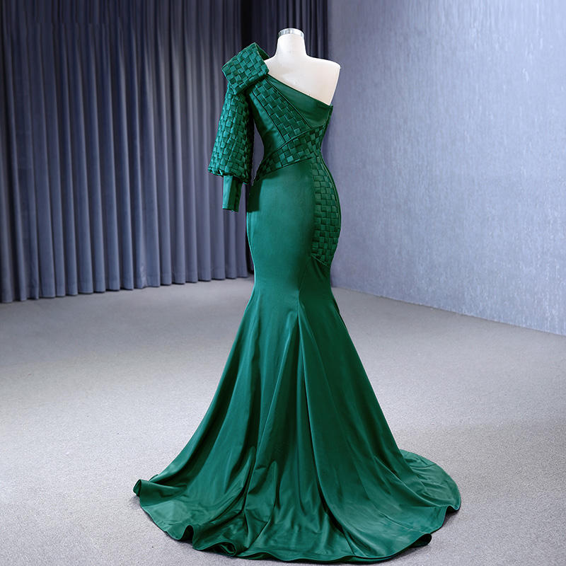 One Shoulder Evening Dress Vintage Green Woven Satin Mermaid Evening Dress - Image 3