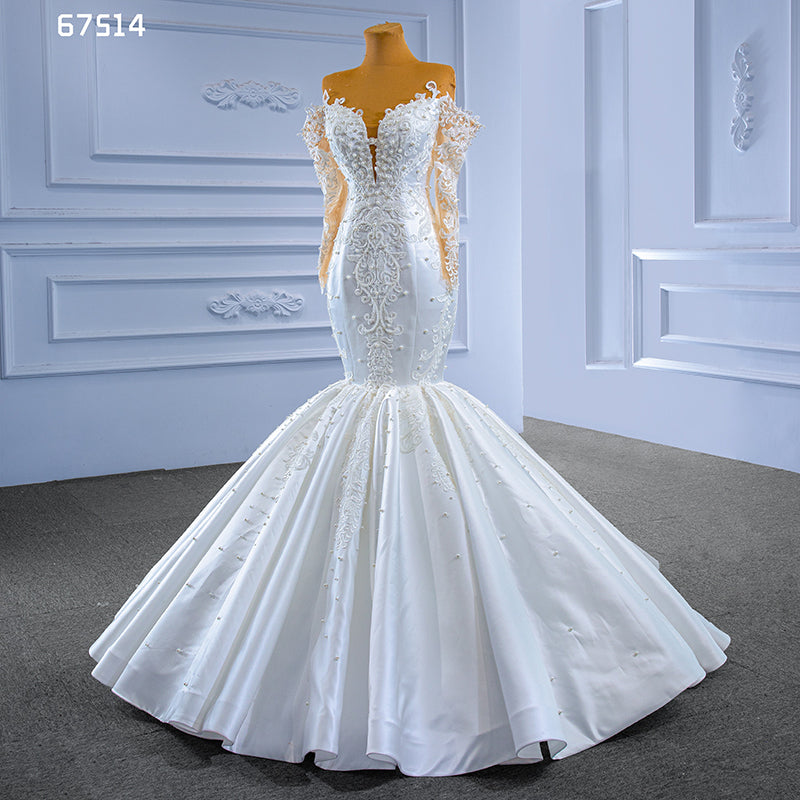 2022 Luxury Newest Design Tube Top Long Sleeve Satin Vintage Beaded Mermaid Bridal Wedding Dress