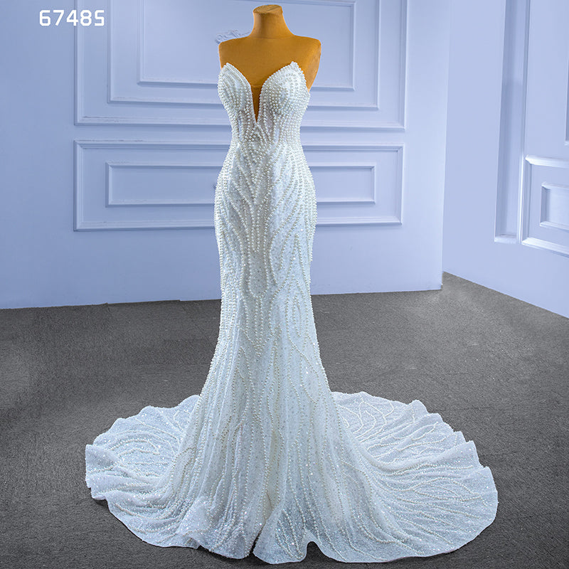 Mermaid  Sexy Luxury Beaded White Lace Fabric Bridal Wedding Dress