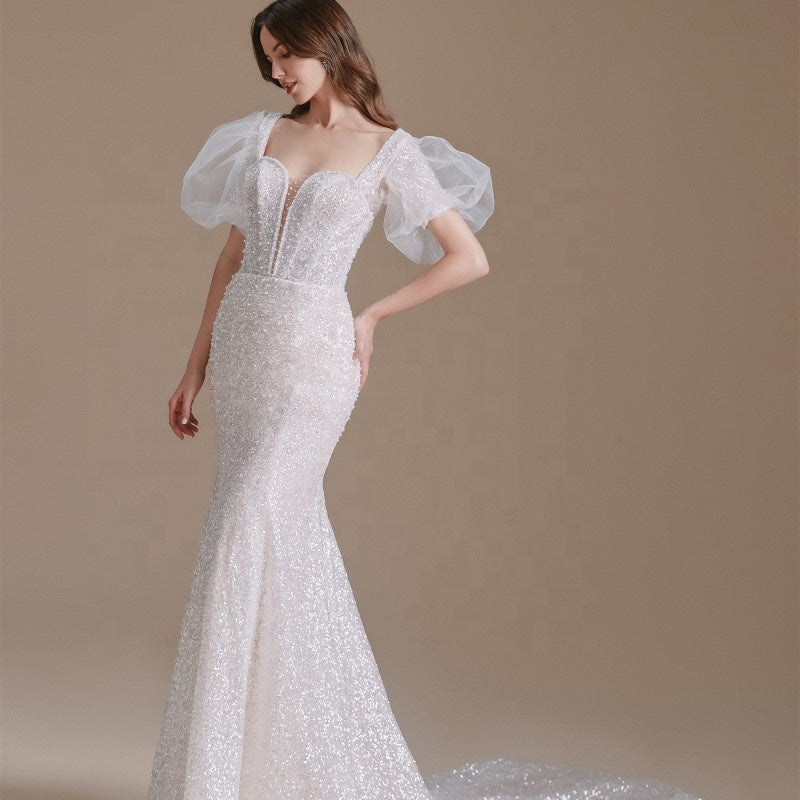 Glitter White Puff Sleeve Square Collar Modest Mermaid Wedding Dress Sexy