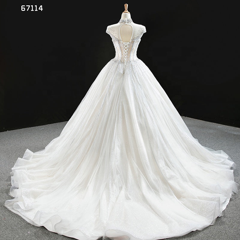 High Neck Beach Heavy Beaded Luxury See Though Wedding Gown - Image 4