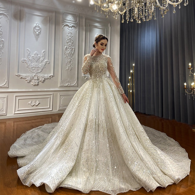 Luxury Long Sleeve Crew Neck Embroidered Lotus Leaf Shape Lace Sequin Wedding Dress For Women