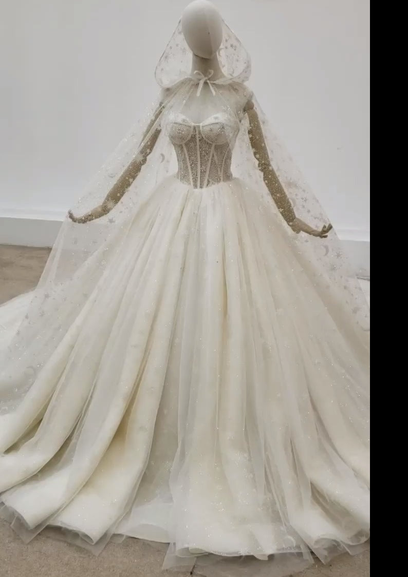 High Quality Embroidered Off Shoulder Princess With Hat Cape Wedding Dress - Image 2