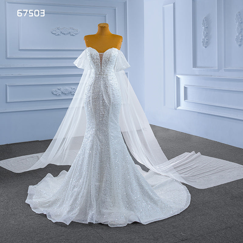 Customized Women'S White Bride Wedding Dress Sweet Tube Top Pearl Luxury Mermaid Dress